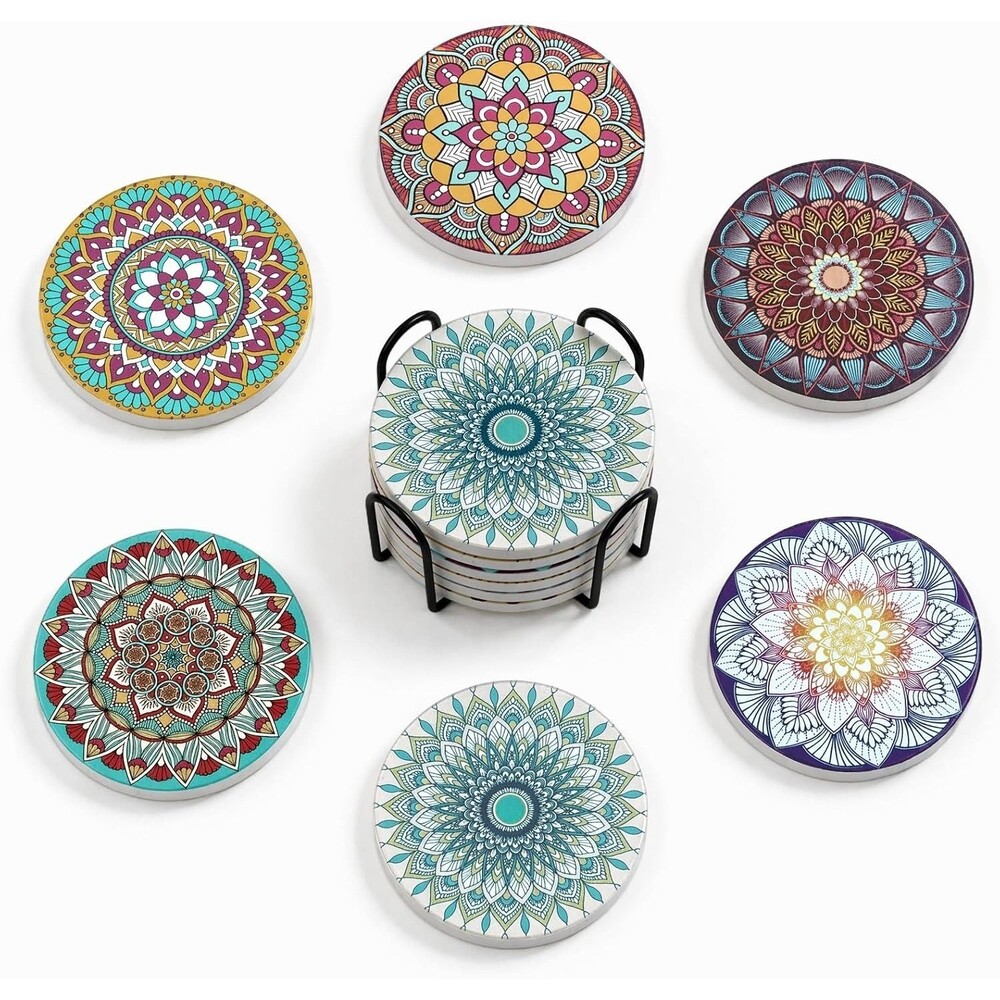 Ceramic Drink Coasters Set of 6 Absorbent Mandala Cork Holder Table Protector